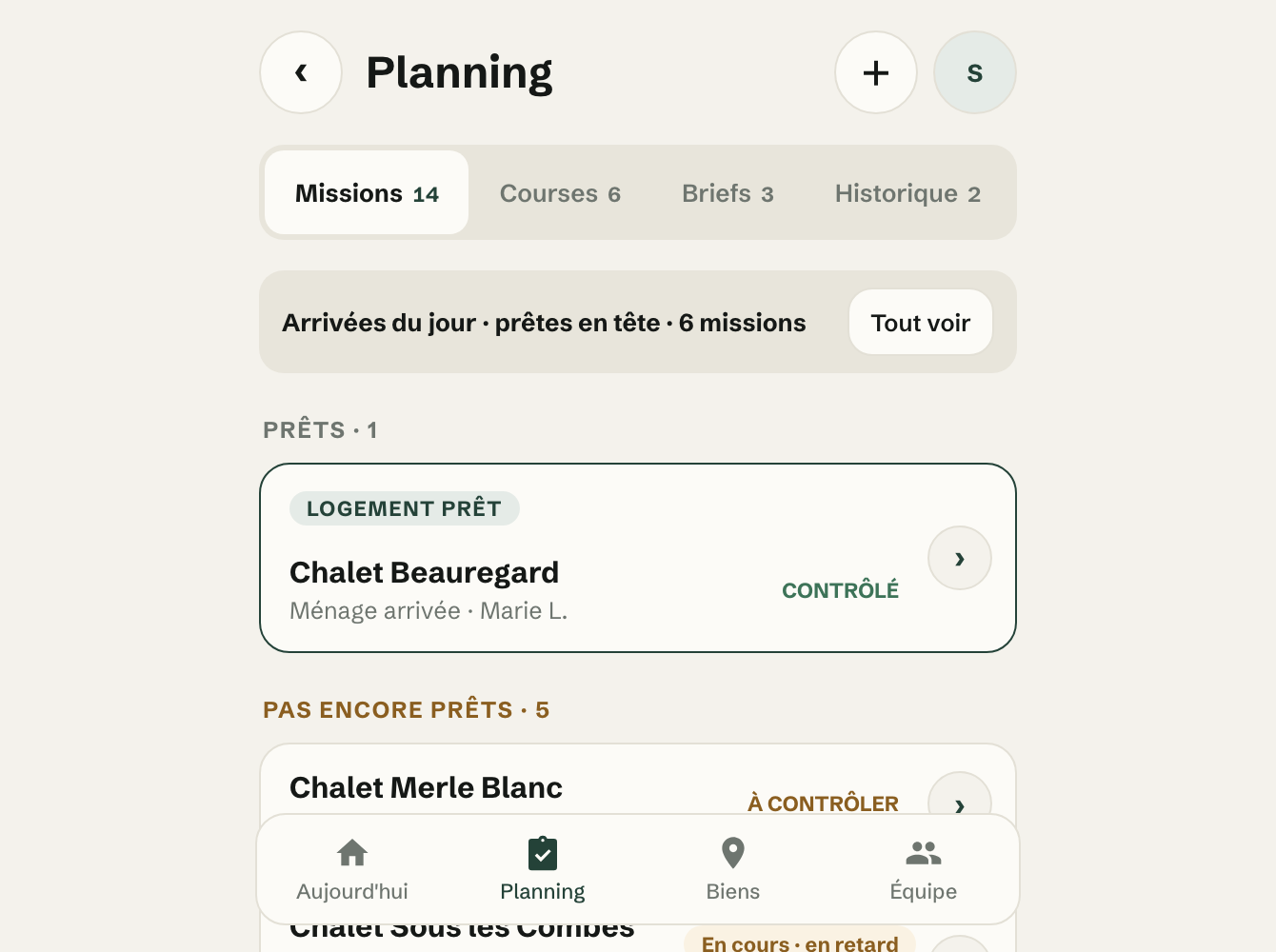 Today’s arrivals, ready ones first: a single ready property, Chalet Beauregard, checked; then five properties not ready yet, including Chalet Merle Blanc, to check.