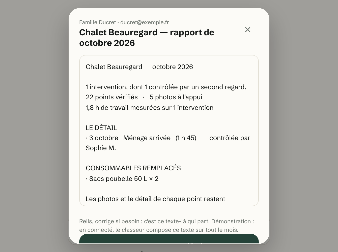 October 2026 report for Chalet Beauregard, for the Ducret family, to review before sending: 1 visit checked by a second pair of eyes, 22 points checked, 5 photos, the detail of 3 October and the supplies replaced.
