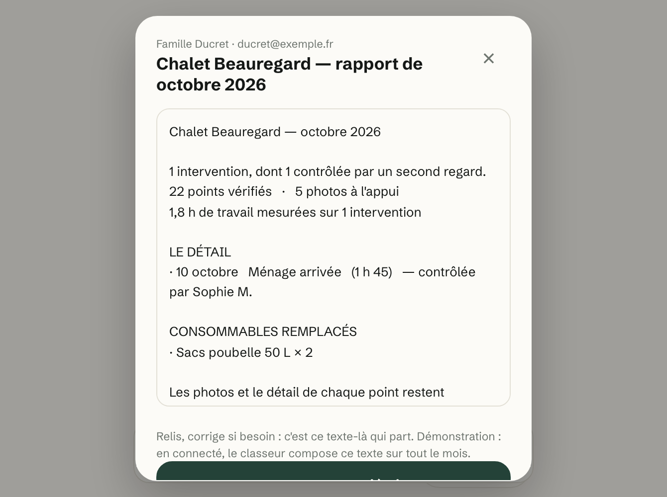 Rapport d’octobre 2026 du Chalet Beauregard pour la famille Ducret, à relire avant envoi : 1 intervention contrôlée par un second regard, 22 points vérifiés, 5 photos, le détail du 3 octobre et les consommables remplacés.
